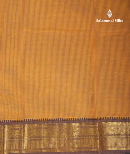 Beautiful Light Brown Small Checks Pure Cotton Saree With Contrast Black Traditional Border