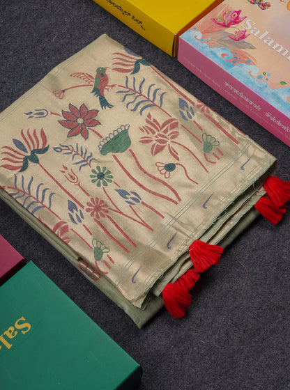 Beautiful Elaichi Green Menakari Work Muga Cotton Saree With Fancy Border