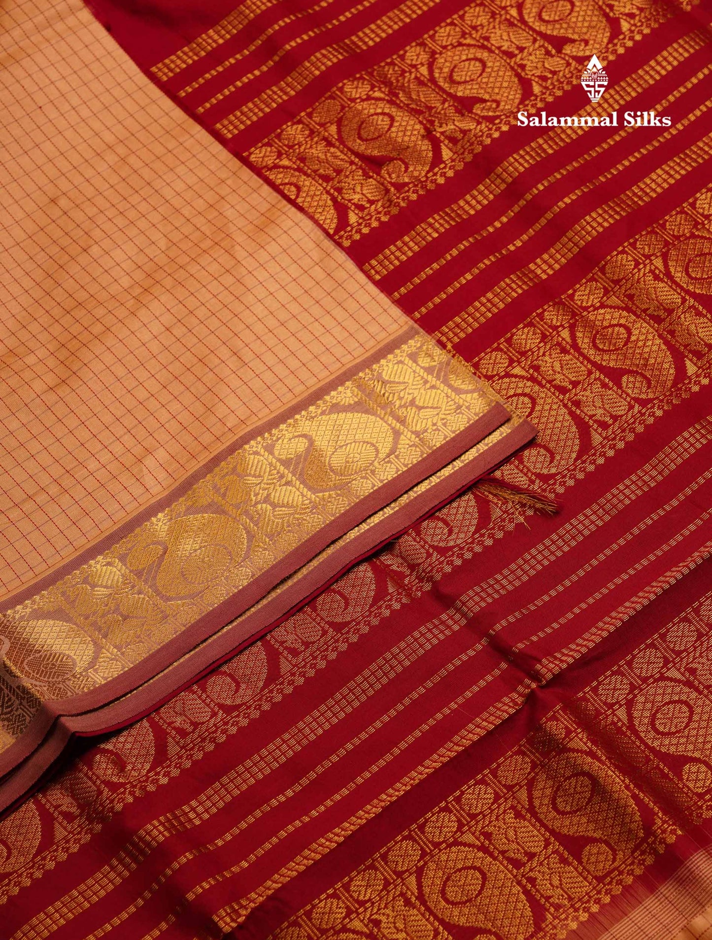 Beautiful Sandal Small Checks Semi Silk Cotton Saree With Contrast Maroon Blouse