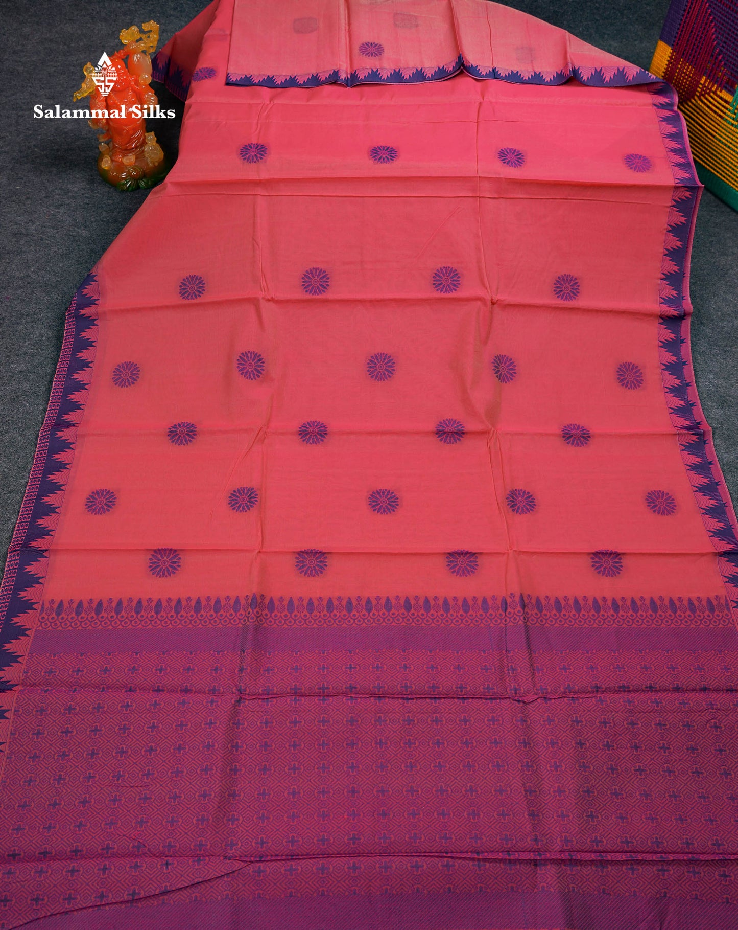 Beautiful Peach Pink Thread Work Kota Cotton Saree With Contrast Dual Tone Blue Traditional Border