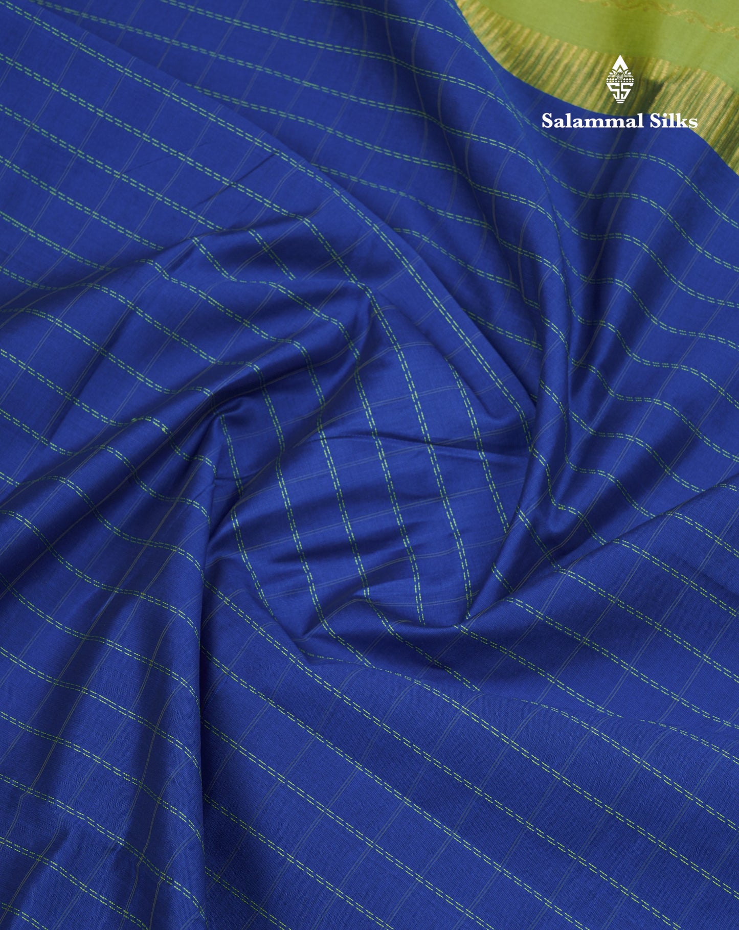 Blue Checks Semi Silk Cotton Saree With Contrast Parrot Green Traditional Border