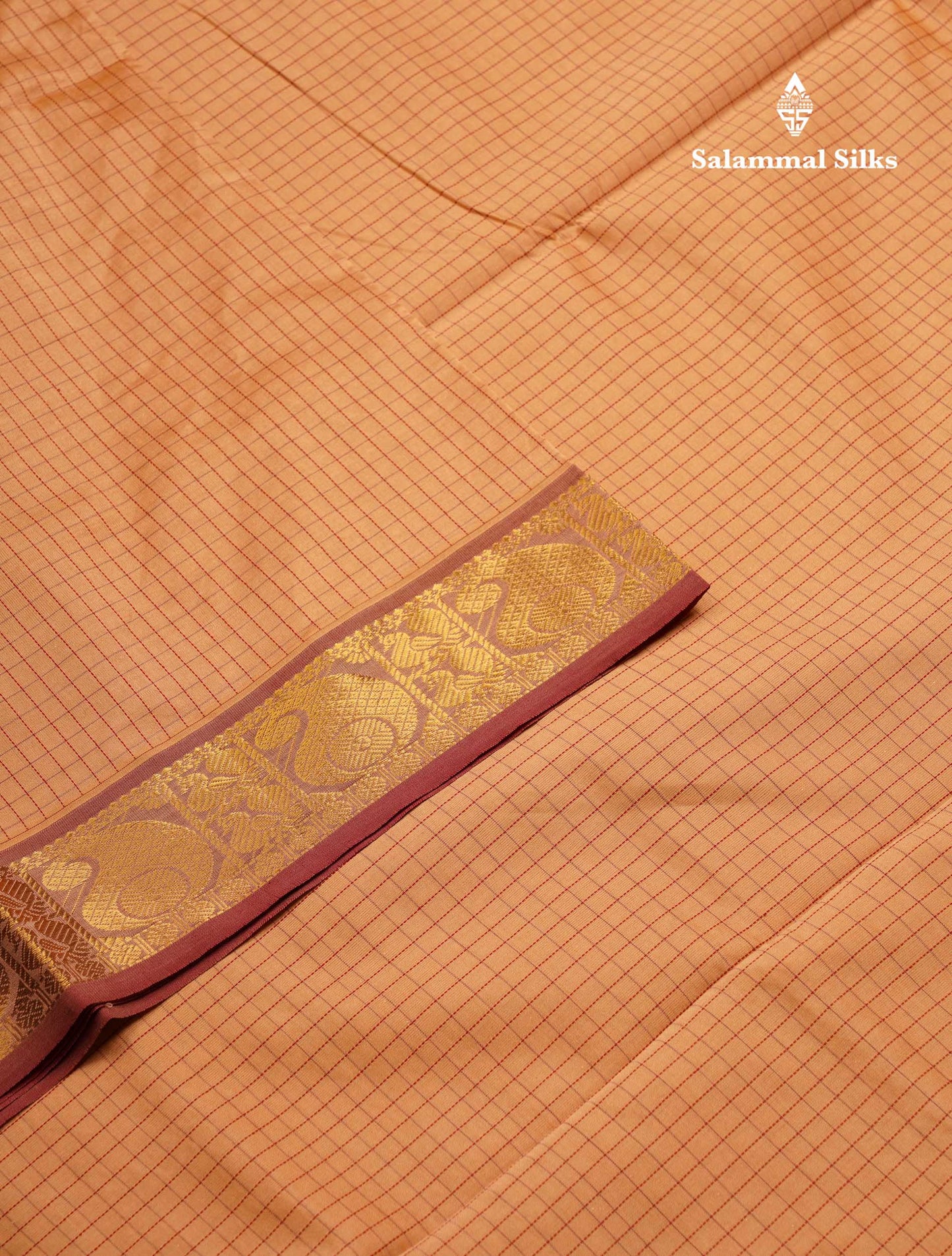 Beautiful Sandal Small Checks Semi Silk Cotton Saree With Contrast Maroon Blouse