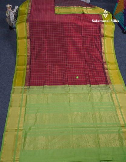 Maroon Checks Semi Silk Cotton Saree With Contrast Parrot Green Traditional Border