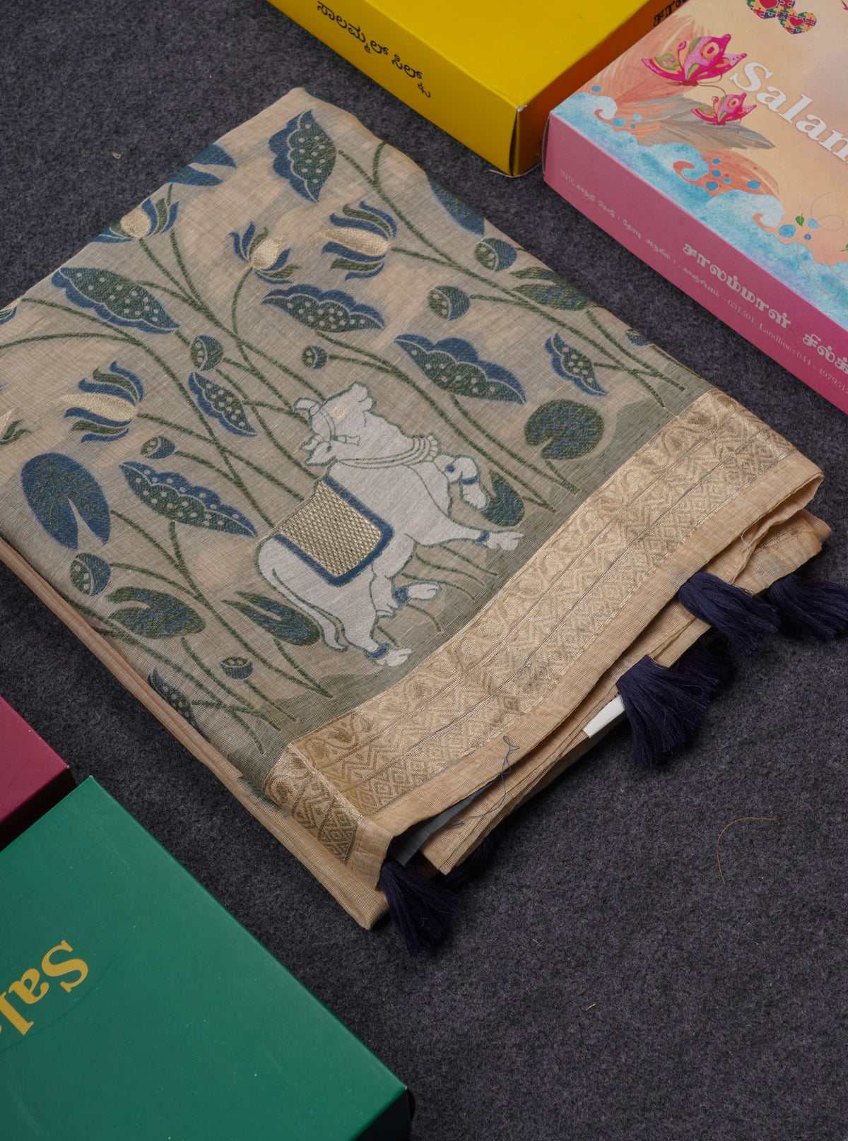 Beautiful Sandal Meenakari Work Muga Cotton Saree With Komatha Pallu Contrast Navy Blue Blouse