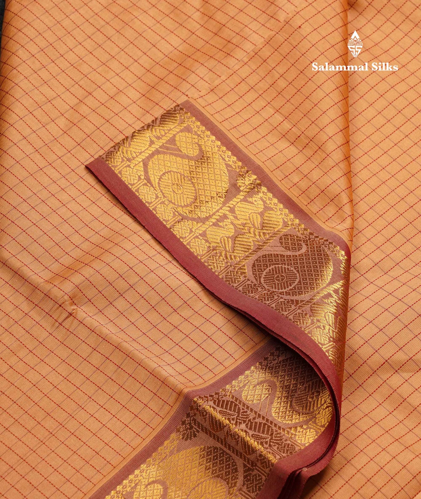 Beautiful Sandal Small Checks Semi Silk Cotton Saree With Contrast Maroon Blouse