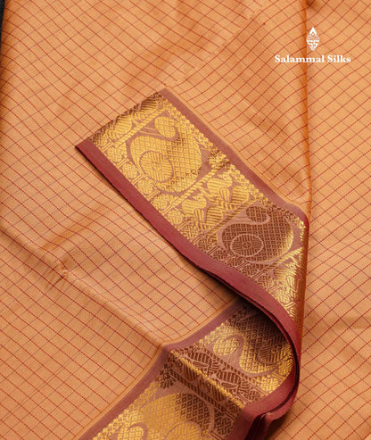 Beautiful Sandal Small Checks Semi Silk Cotton Saree With Contrast Maroon Blouse