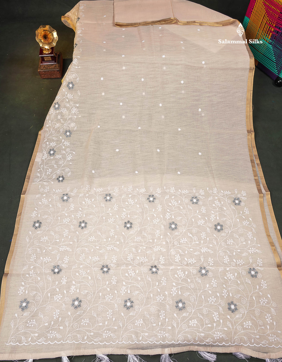 Linen Mix Saree - Light Peach Colour Body With Fancy Embroidery Border