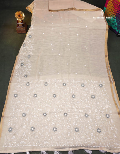 Linen Mix Saree - Light Peach Colour Body With Fancy Embroidery Border