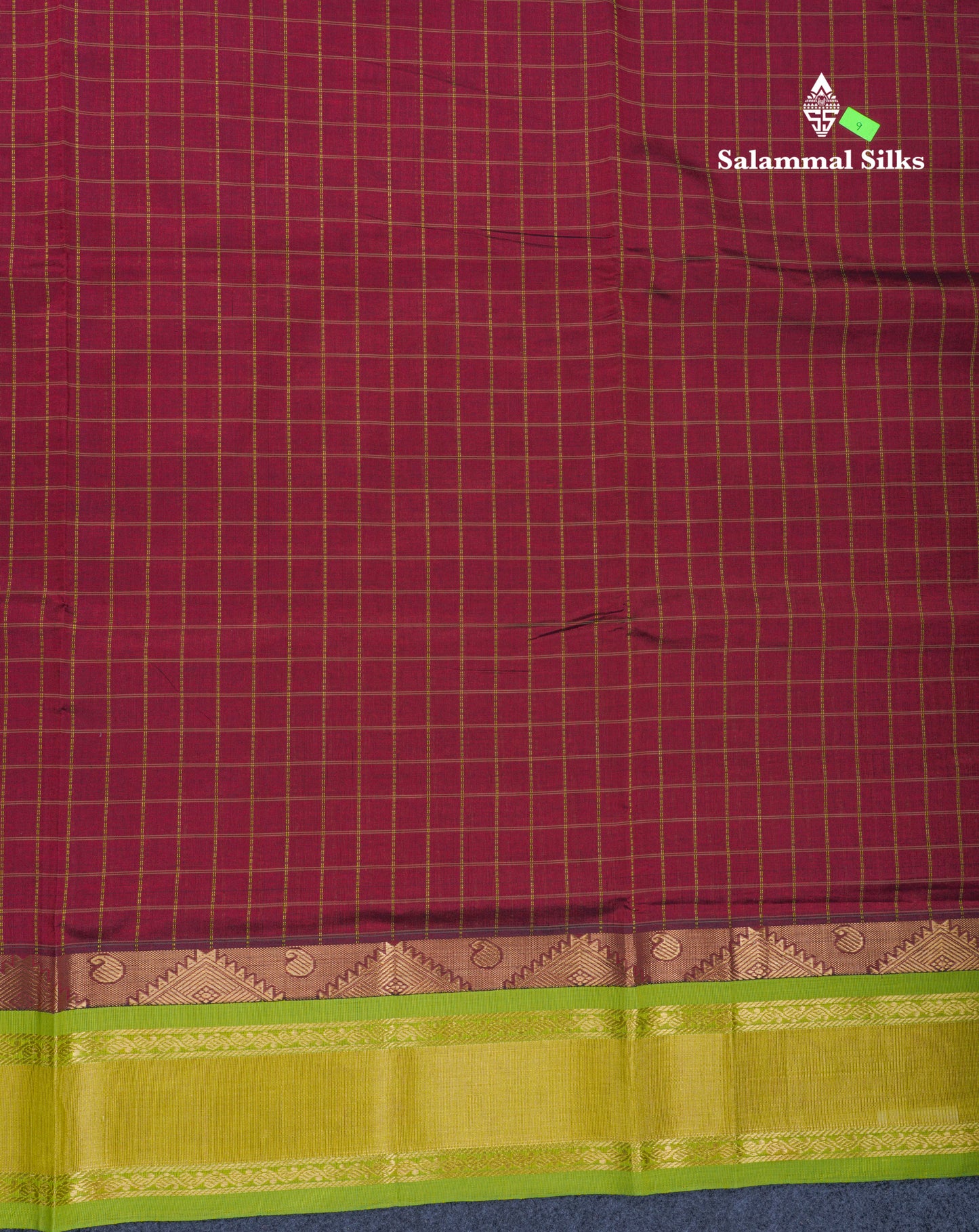 Maroon Checks Semi Silk Cotton Saree With Contrast Parrot Green Traditional Border