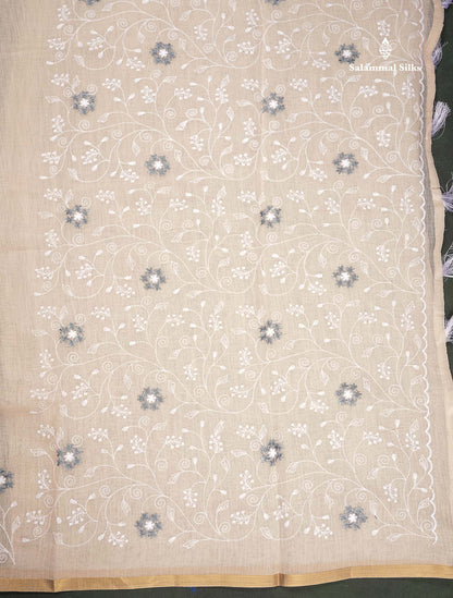 Linen Mix Saree - Light Beige Colour Body With Fancy Embroidery Border