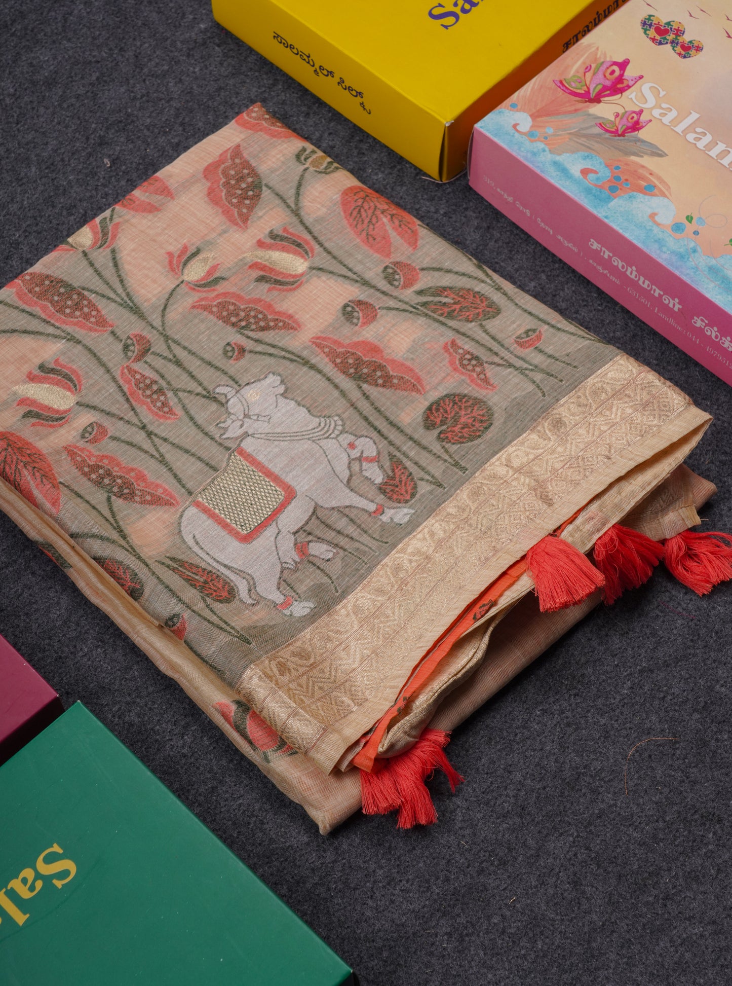 Beautiful Sandal Meenakari Work Muga Cotton Saree With Komatha Pallu Contrast Navy Blue Blouse