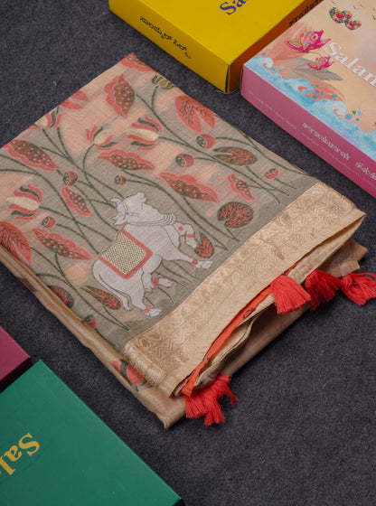 Beautiful Sandal Meenakari Work Muga Cotton Saree With Komatha Pallu Contrast Navy Blue Blouse