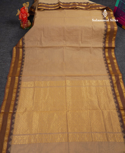 Beautiful Cream Sandal Small Checks Pure Cotton Saree With Contrast Brown Traditional Rettapet & Temple Border