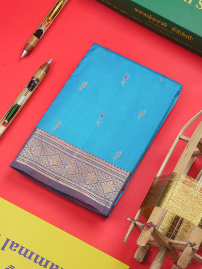 Kanjivaram Light Ramar Blue Pure Silk Saree With Olive Blue Blouse