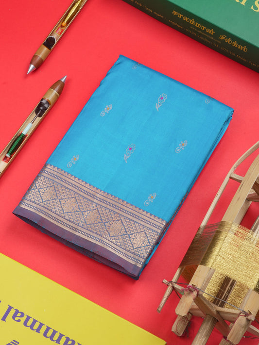 Kanjivaram Light Ramar Blue Pure Silk Saree With Olive Blue Blouse