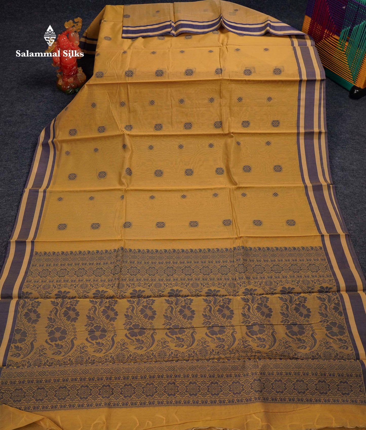 Beautiful Dark Sandal Thread Work Kota Cotton Saree With Contrast Dual Tone Blue Border