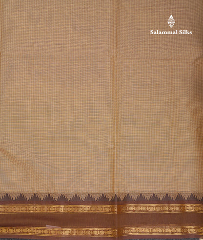 Beautiful Cream Sandal Small Checks Pure Cotton Saree With Contrast Brown Traditional Rettapet & Temple Border