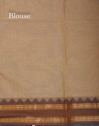 Beautiful Cream Sandal Small Checks Pure Cotton Saree With Contrast Brown Traditional Rettapet & Temple Border