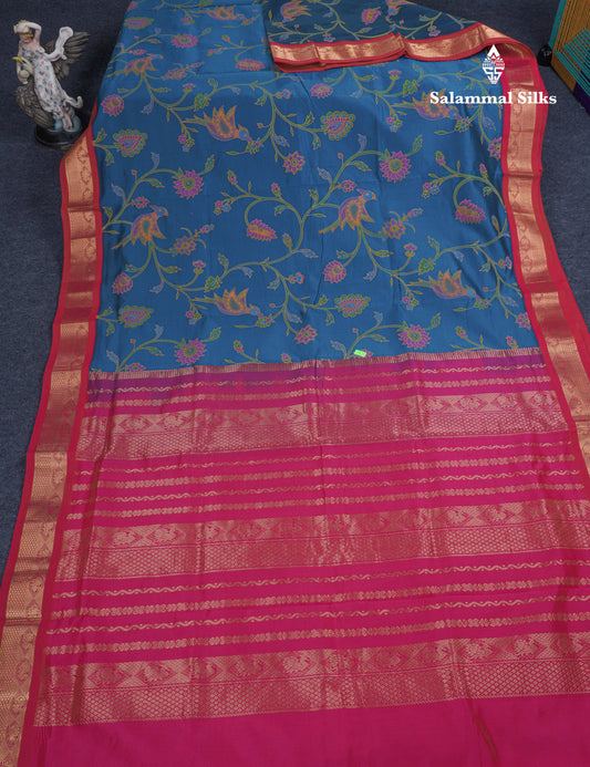 Peacock Blue Pichwai Print Semi Silk Cotton Saree With Contrast Reddish Pink Traditional Border