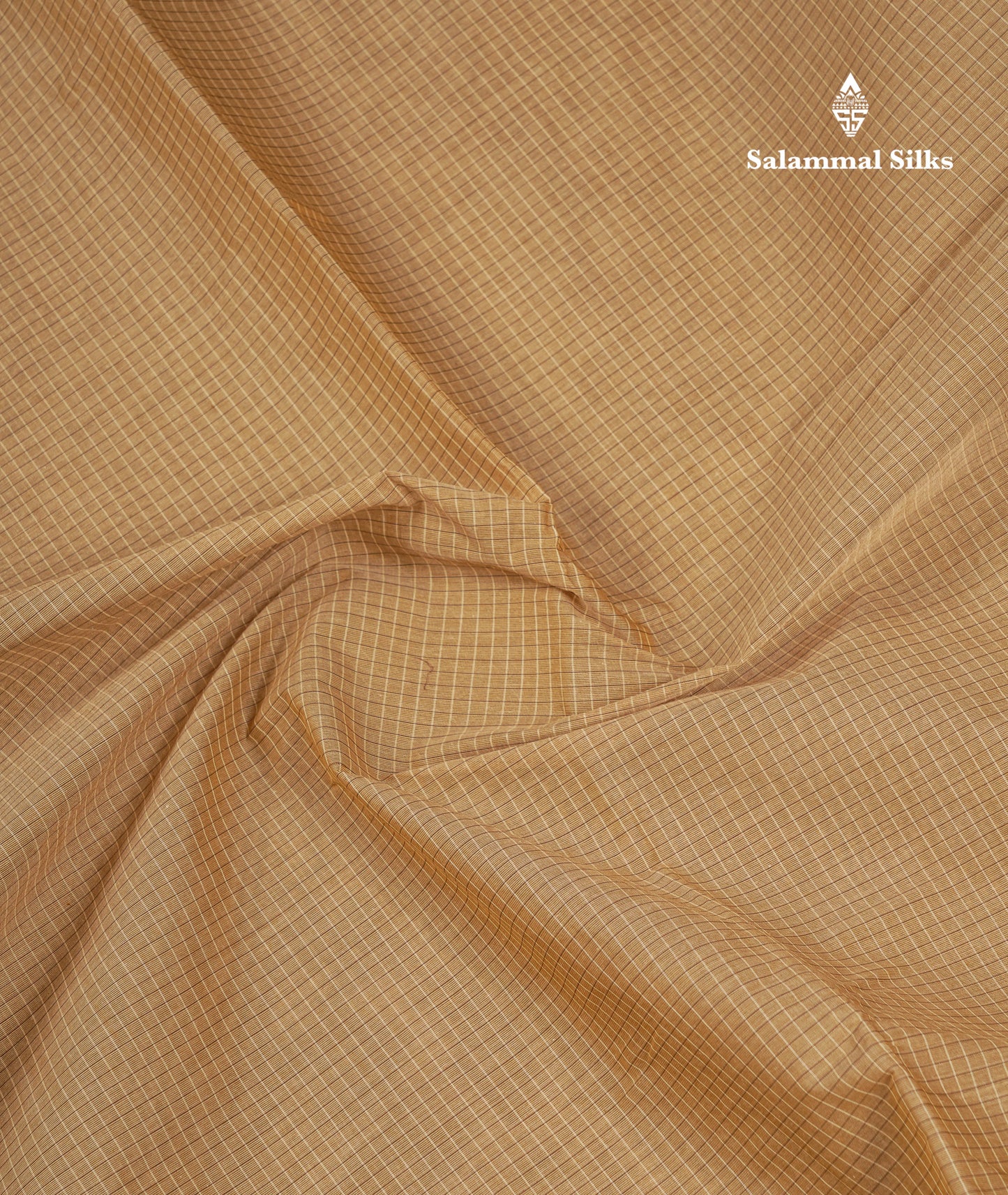 Beautiful Cream Sandal Small Checks Pure Cotton Saree With Contrast Brown Traditional Rettapet & Temple Border