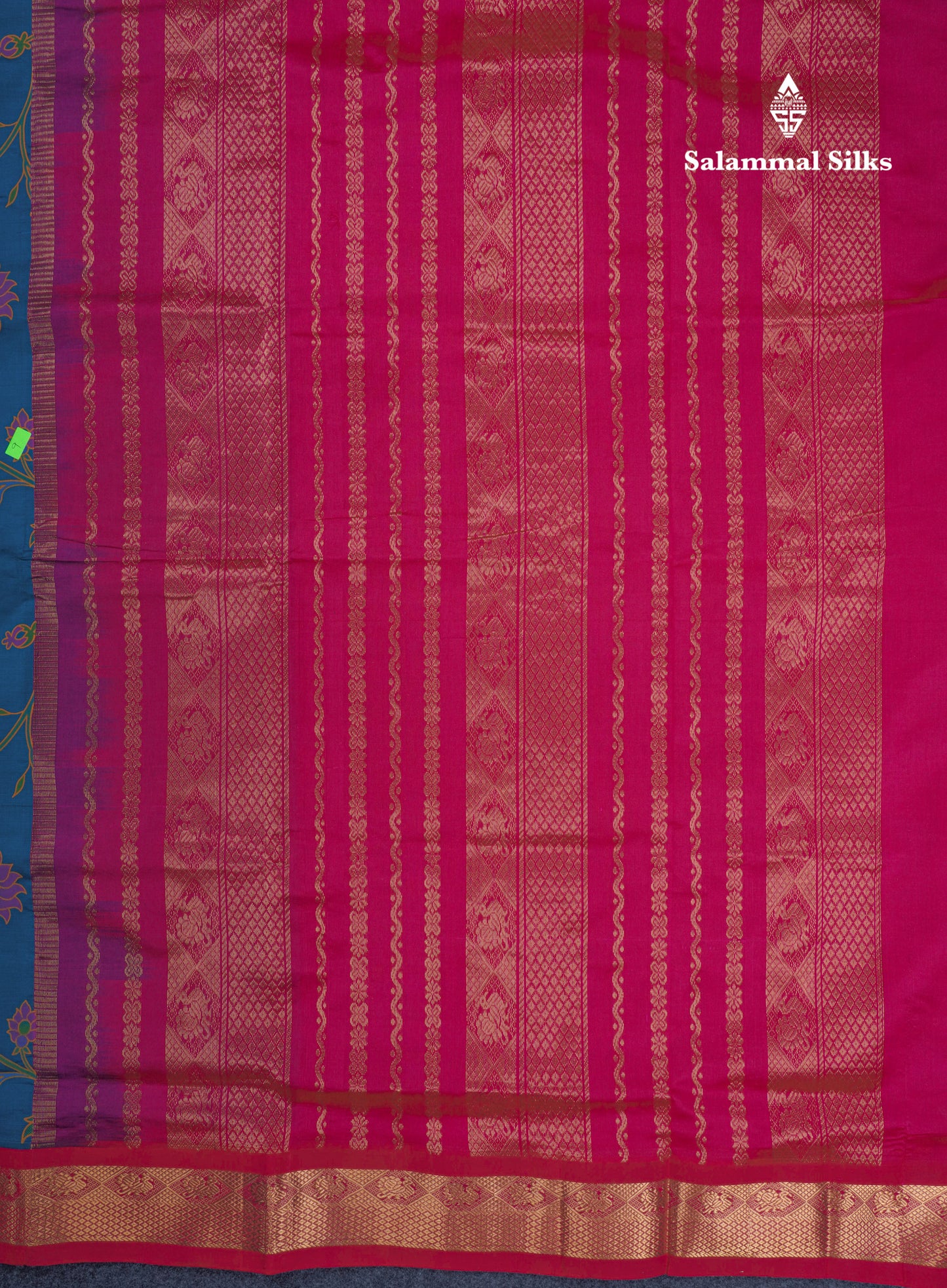 Peacock Blue Pichwai Print Semi Silk Cotton Saree With Contrast Reddish Pink Traditional Border
