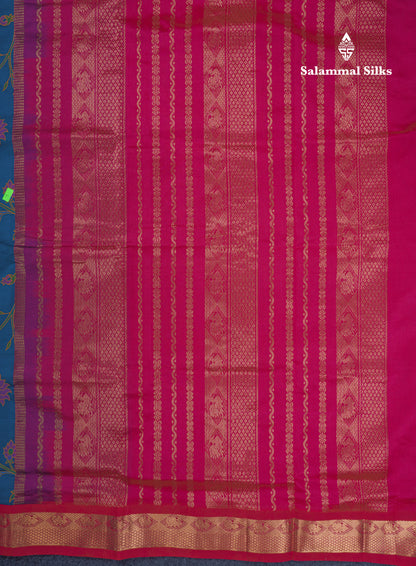 Peacock Blue Pichwai Print Semi Silk Cotton Saree With Contrast Reddish Pink Traditional Border