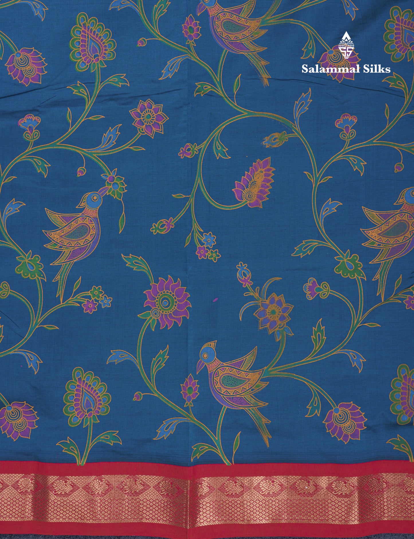Peacock Blue Pichwai Print Semi Silk Cotton Saree With Contrast Reddish Pink Traditional Border