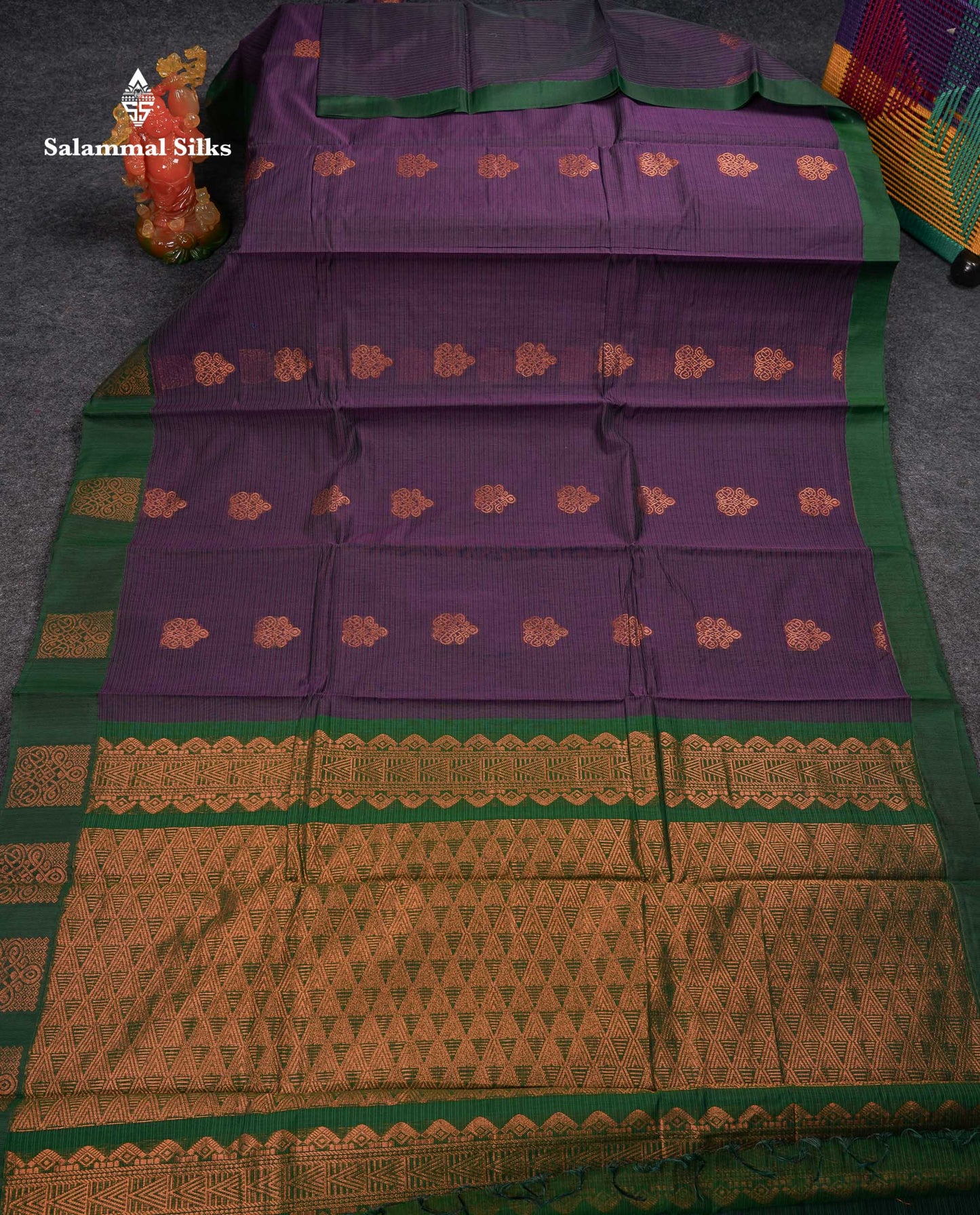 Beautiful Violet Copper Zari Butta Kota Cotton Saree With Contrast Bottle Green Fancy Border