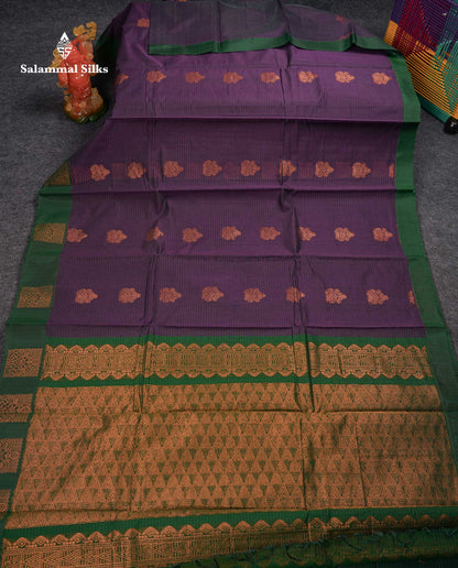 Beautiful Violet Copper Zari Butta Kota Cotton Saree With Contrast Bottle Green Fancy Border