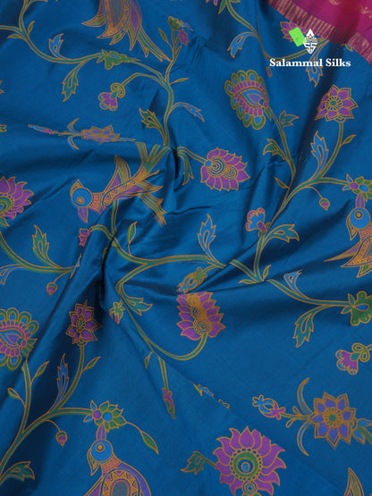 Peacock Blue Pichwai Print Semi Silk Cotton Saree With Contrast Reddish Pink Traditional Border