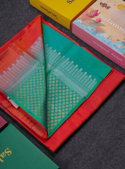 Beautiful Orange Pure Kanjivaram Soft Silk Saree With Contrast Sapphire Green Blouse