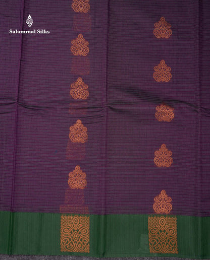 Beautiful Violet Copper Zari Butta Kota Cotton Saree With Contrast Bottle Green Fancy Border