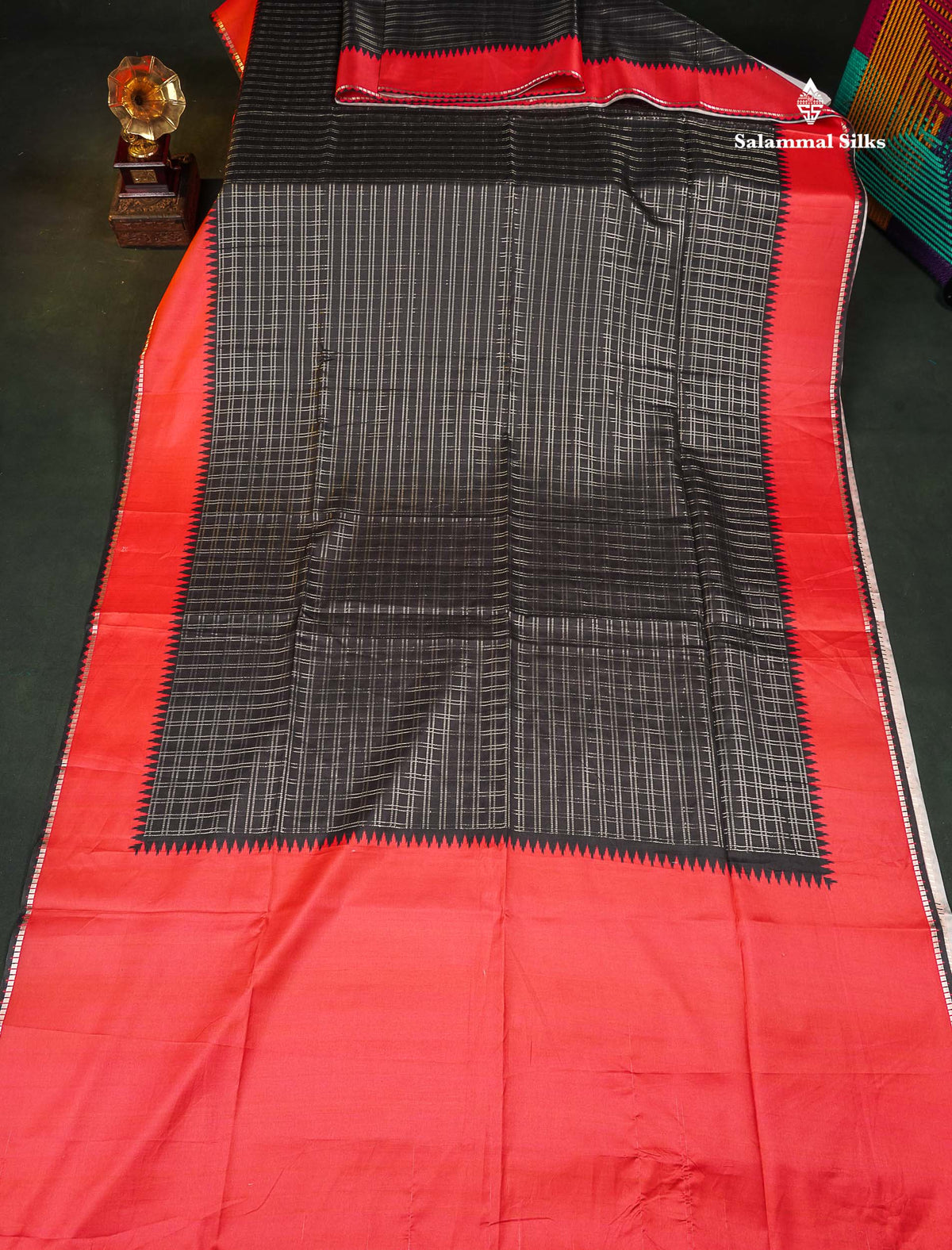 Semi Tussar Saree - Black Colour Body With Contrast Chilly Red Border