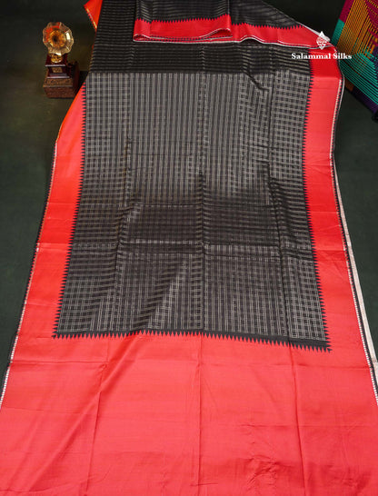 Semi Tussar Saree - Black Colour Body With Contrast Chilly Red Border