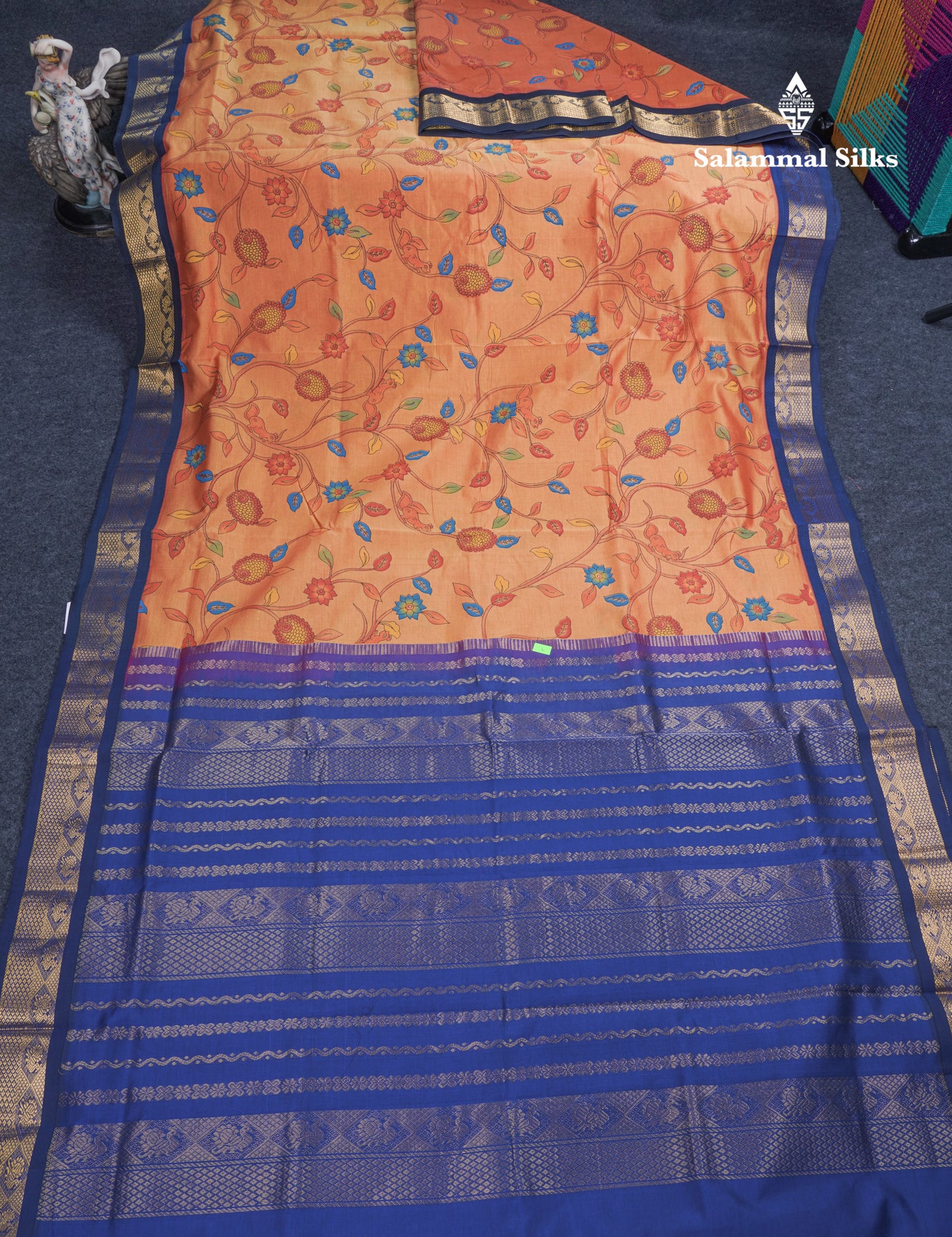 Peacock Green Pichwai Print Semi Silk Cotton Saree With Contrast Dark Brown Traditional Border