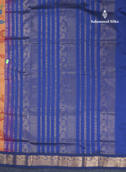 Peacock Green Pichwai Print Semi Silk Cotton Saree With Contrast Dark Brown Traditional Border