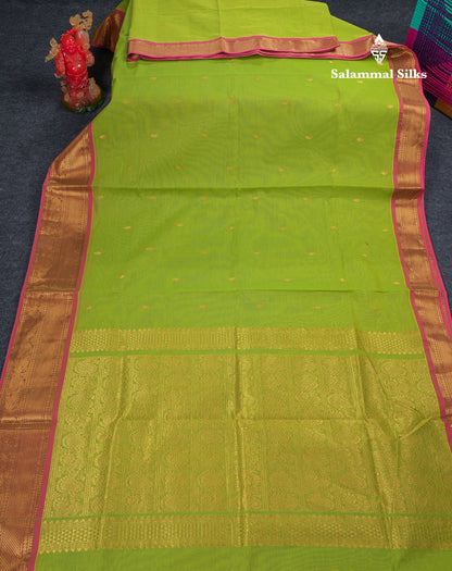 Beautiful Parrot Green Pure Cotton Saree With Contrast Pink Traditional Border