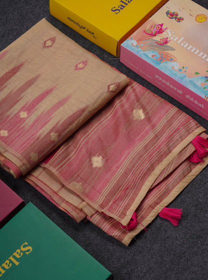 Beautiful Sandal Muga Cotton Saree With Contrast Mustard Yellow Blouse