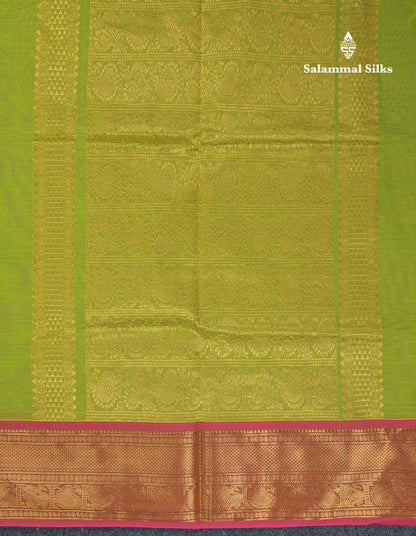 Beautiful Parrot Green Pure Cotton Saree With Contrast Pink Traditional Border