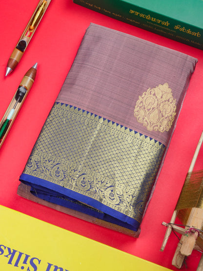 Olive Brown Colour Kanjivaram Pure Silk Saree With Royal Blue Traditional Border