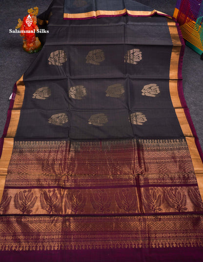 Beautiful Elephant Grey Zari Butta SICO Cotton Saree With Contrast Dark Magenta Blouse