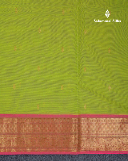 Beautiful Parrot Green Pure Cotton Saree With Contrast Pink Traditional Border