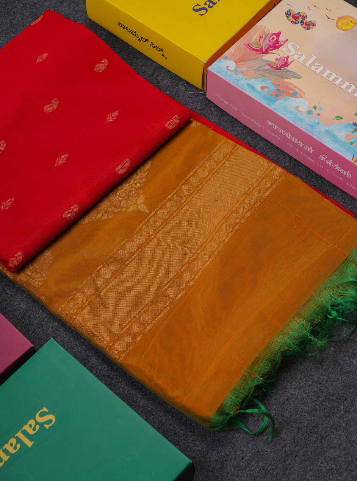 Beautiful Chilly Red Sico Cotton Saree With Contrast Mustard Yellow Blouse