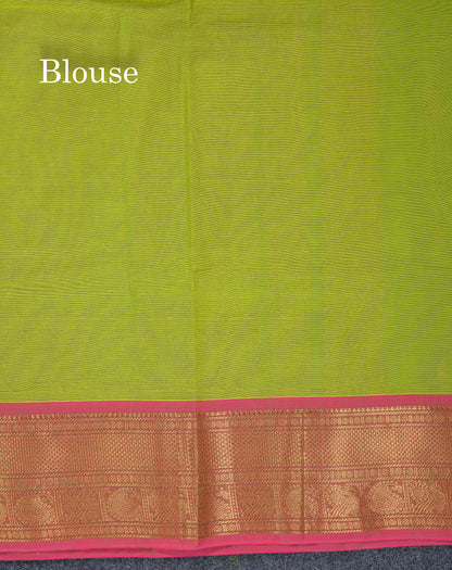 Beautiful Parrot Green Pure Cotton Saree With Contrast Pink Traditional Border