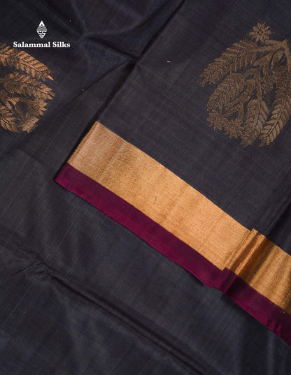 Beautiful Elephant Grey Zari Butta SICO Cotton Saree With Contrast Dark Magenta Blouse