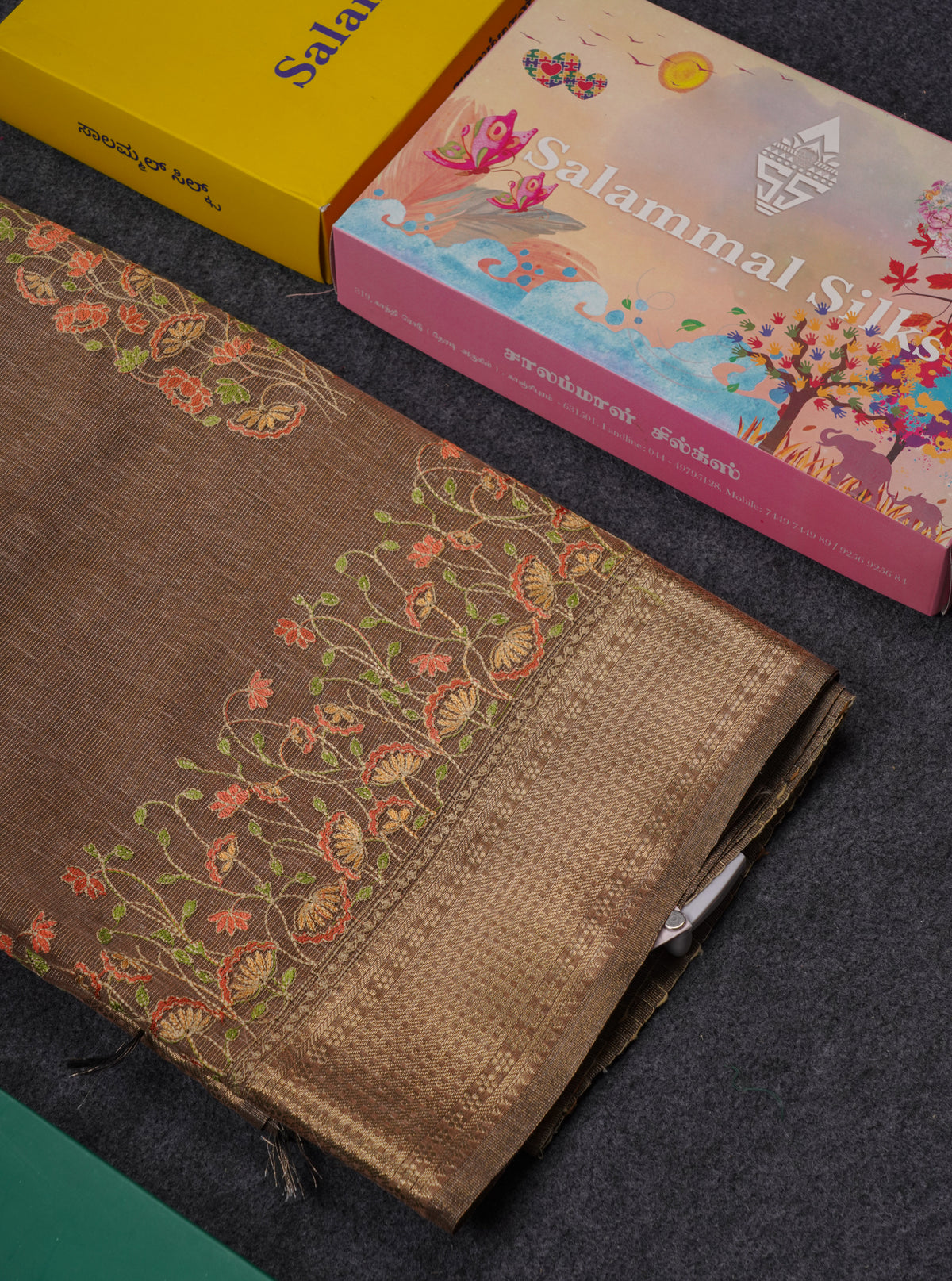 Beautiful Brown Embroidery Work Tissue Kota Cotton Fancy Saree With Self Blouse