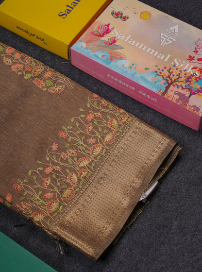 Beautiful Brown Embroidery Work Tissue Kota Cotton Fancy Saree With Self Blouse