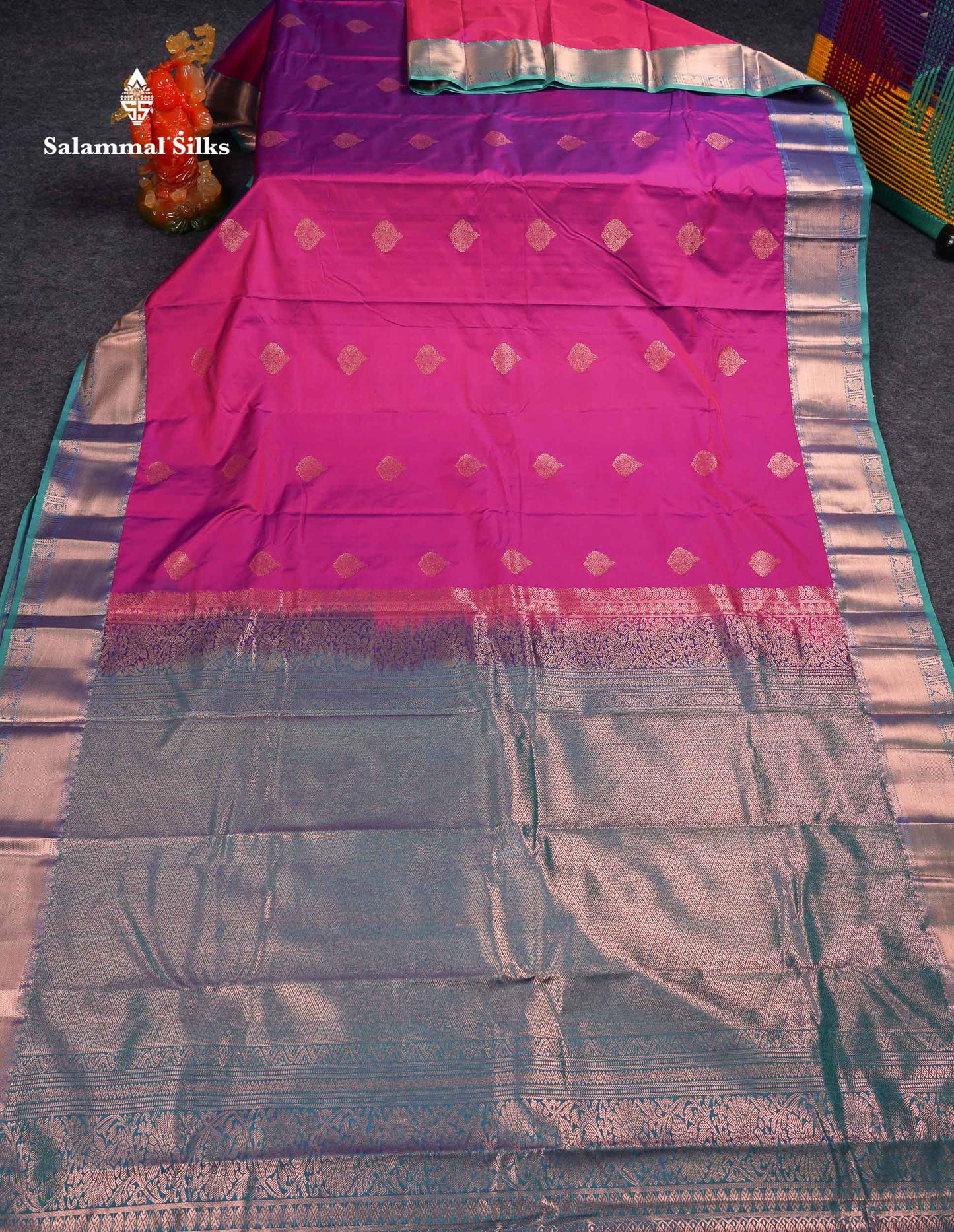 Beautiful Cream Sandal Zari Butta Semi Silk Saree With Contrast Sapphire Green Traditional Border