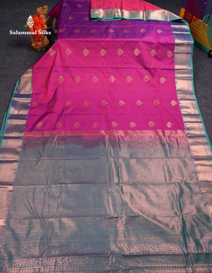 Beautiful Cream Sandal Zari Butta Semi Silk Saree With Contrast Sapphire Green Traditional Border