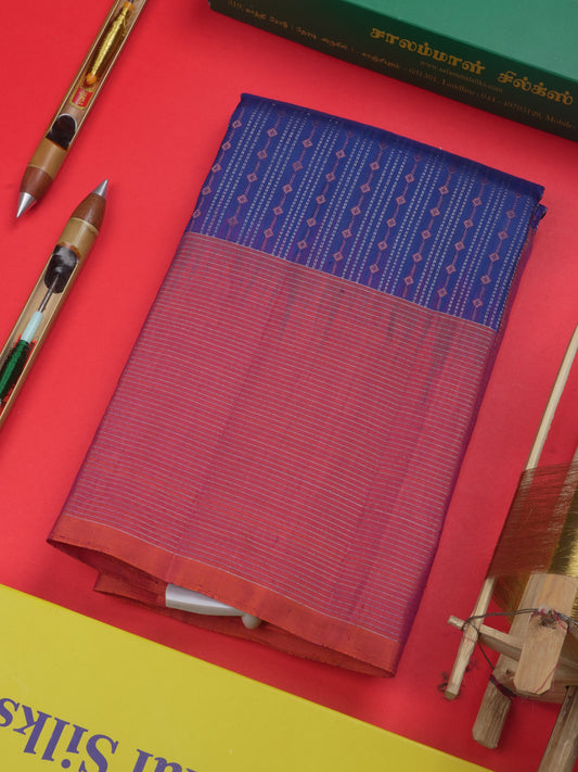 Kanjivaram Ink Blue Pure Silk Saree With Pinkish Orange Blouse